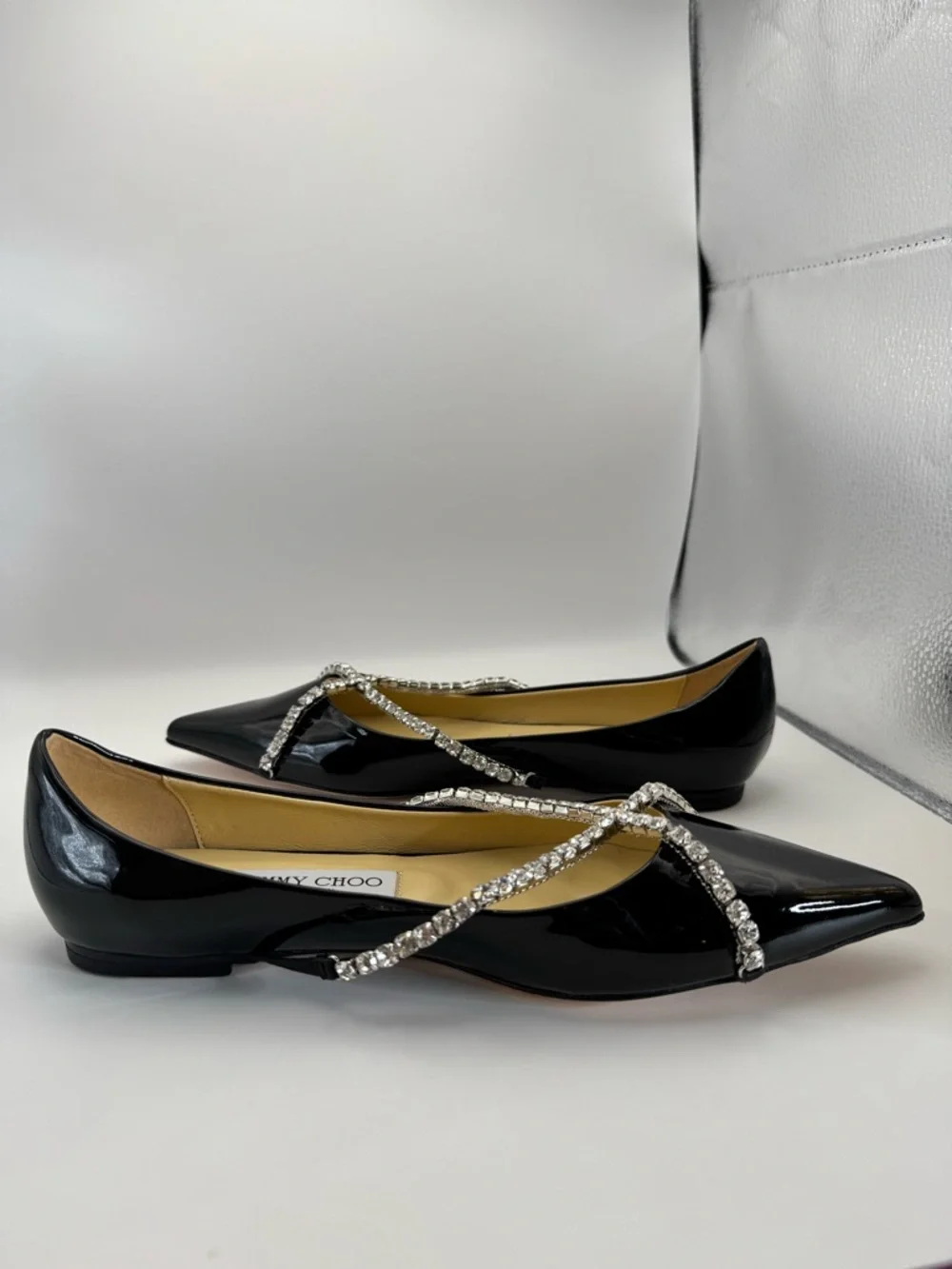 Jimmy Choo Crystal Strap Pointed Toe Flats Black Patent Leather Size 8 New - Picture 2 of 10